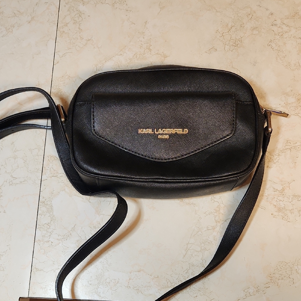 Karl Lagerfeld Paris Black Small Leather Shoulder Purse Bag with Gold Logo